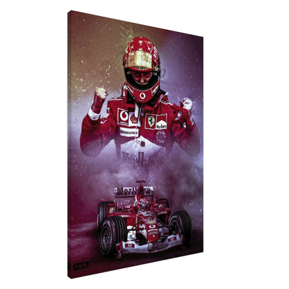 Michael Schumacher canvas artwork featuring him in Ferrari gear, celebrating his legendary Formula 1 career and triumphs.