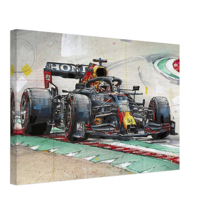 Max Verstappen canvas painting featuring a high-speed Formula 1 car on the racetrack, showcasing vibrant colors and dynamic energy.