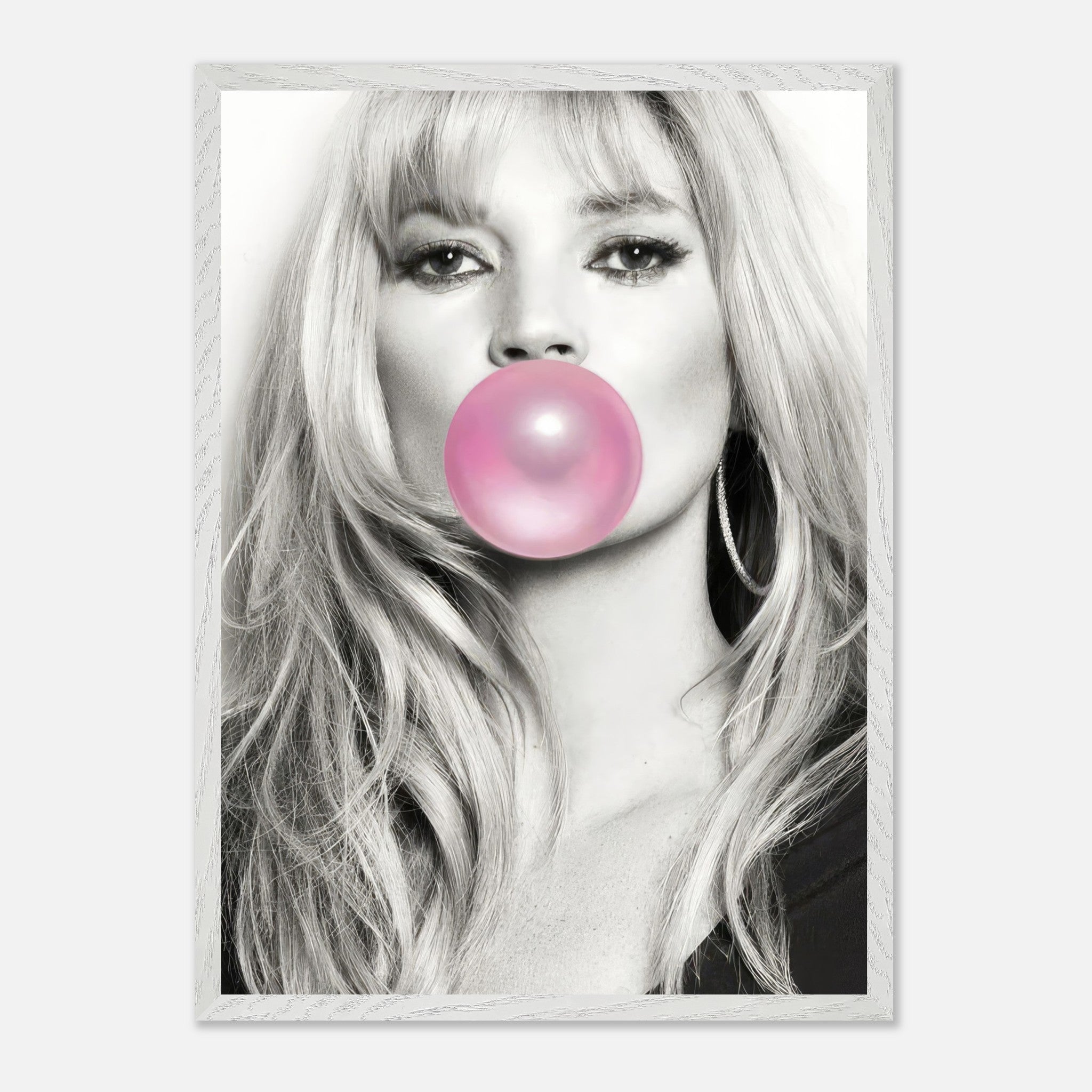 Kate Moss vintage framed print featuring a black-and-white portrait with pink bubble gum, adding playful style to any interior.