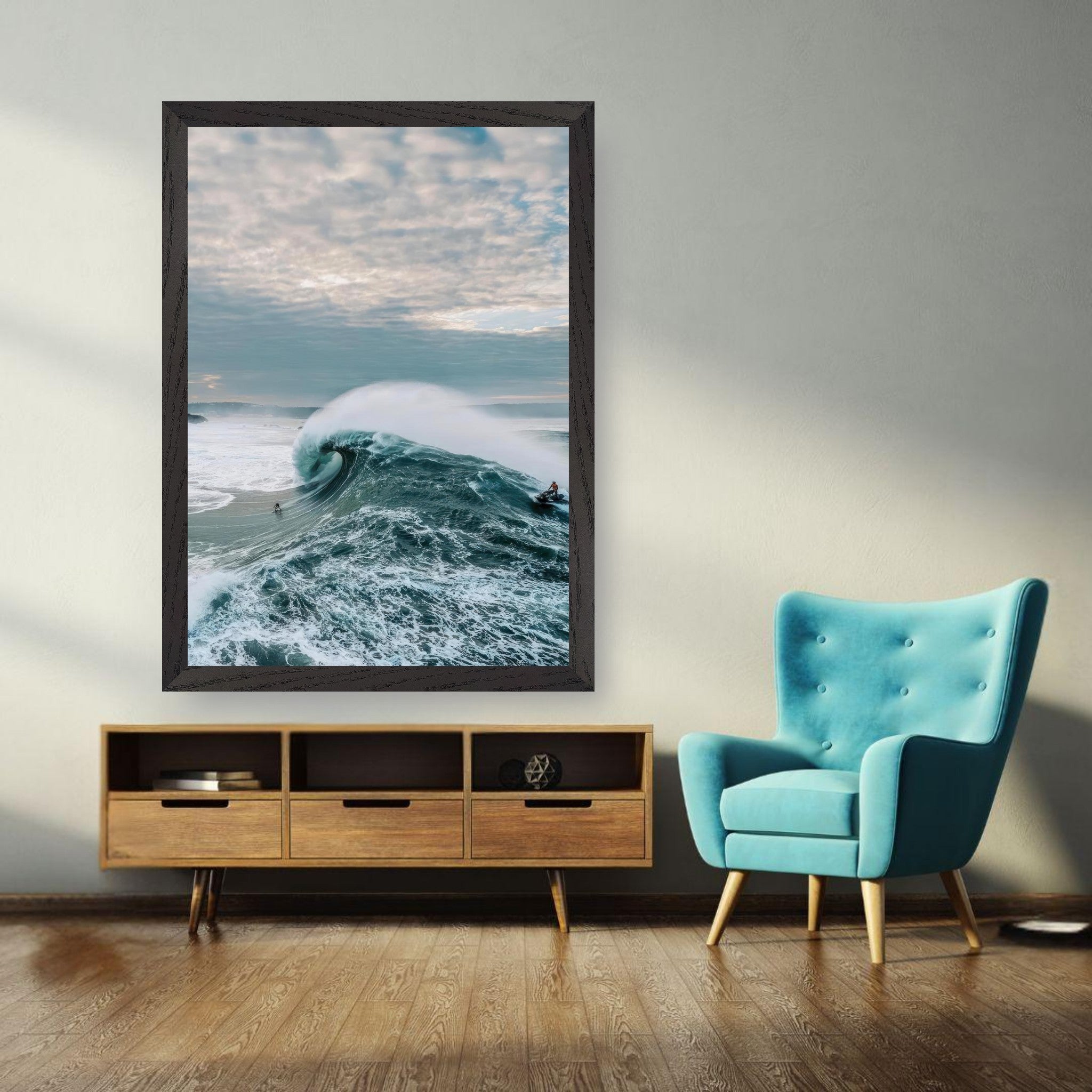 Big Wave Surfing vintage framed print showcasing a surfer riding a massive wave in a stylish living room.