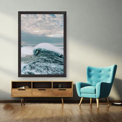 Big Wave Surfing vintage framed print showcasing a surfer riding a massive wave in a stylish living room.