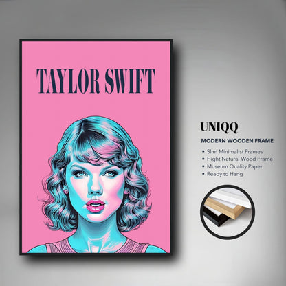 Taylor Swift pop art framed poster with vibrant colors and modern wooden frame for stylish decor.