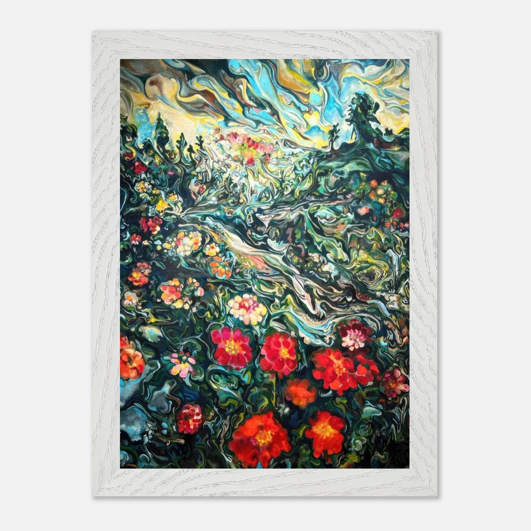 Abstract floral landscape painting in a vintage frame, featuring colorful blossoms and lush greenery illuminated by golden light.