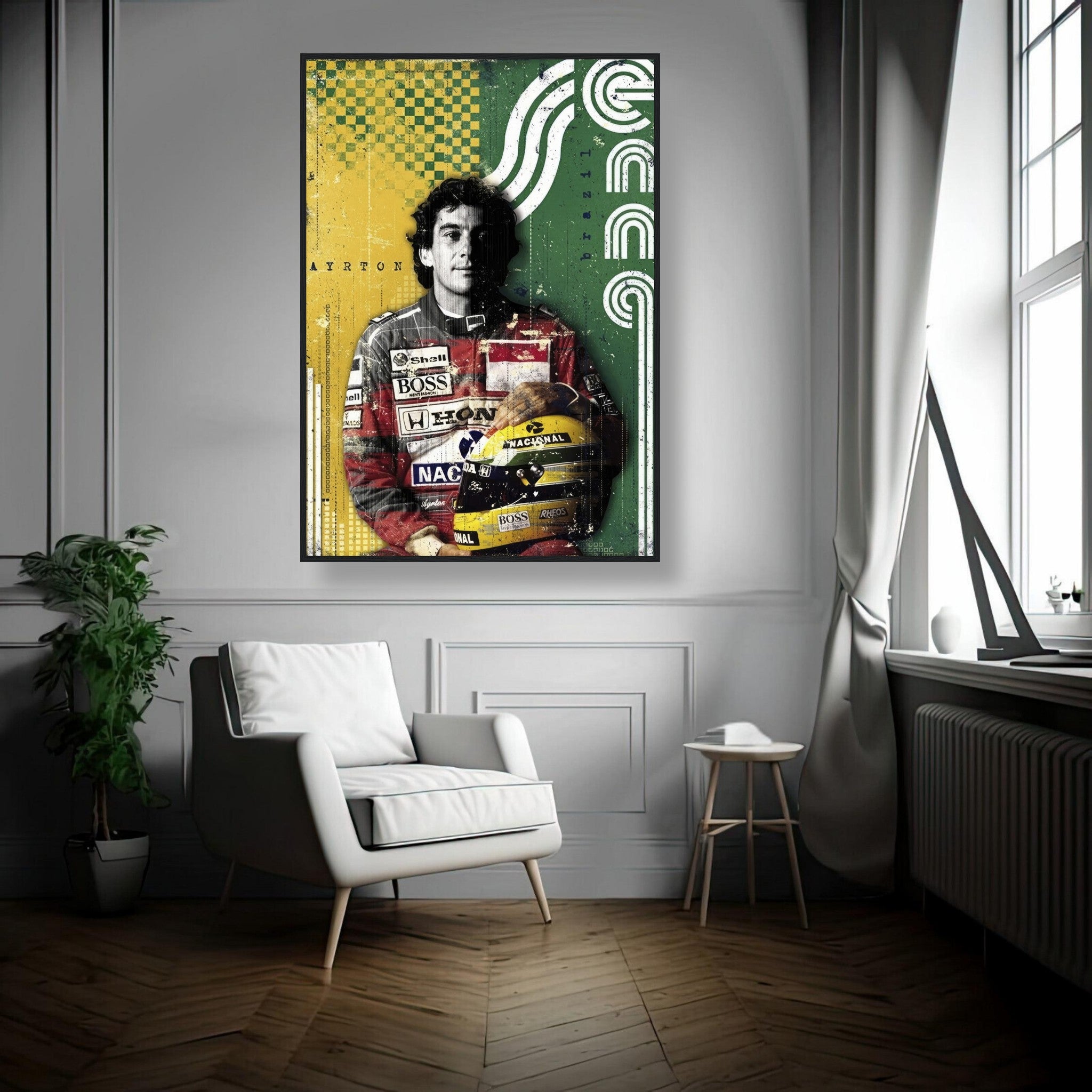 Ayrton Senna F1 legend framed print featuring vibrant green and yellow colors, showcasing the iconic racer in his suit and helmet.