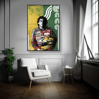 Ayrton Senna F1 legend framed print featuring vibrant green and yellow colors, showcasing the iconic racer in his suit and helmet.