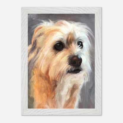Terrier dog painting in vintage frame, showcasing expressive eyes and warm colors for a nostalgic feel.