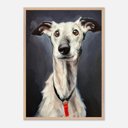 Museum quality painting of a Greyhound dog, showcasing its elegance and soulful expression.