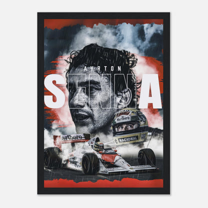 Framed print of Ayrton Senna, capturing the essence of his F1 legacy with vibrant imagery and dynamic design.