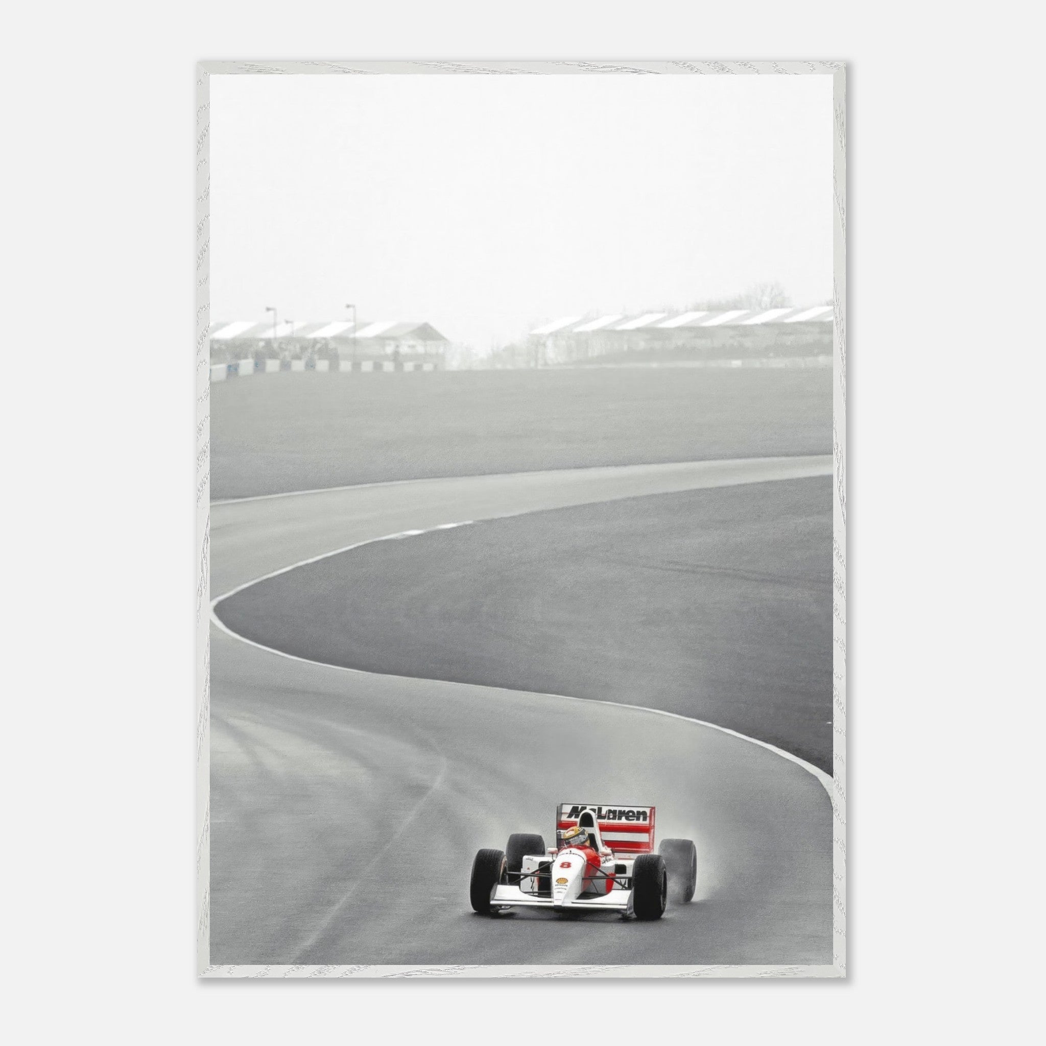 1988 Ayrton Senna McLaren MP4/4 racing on track captured in stunning framed Giclée fine art print.