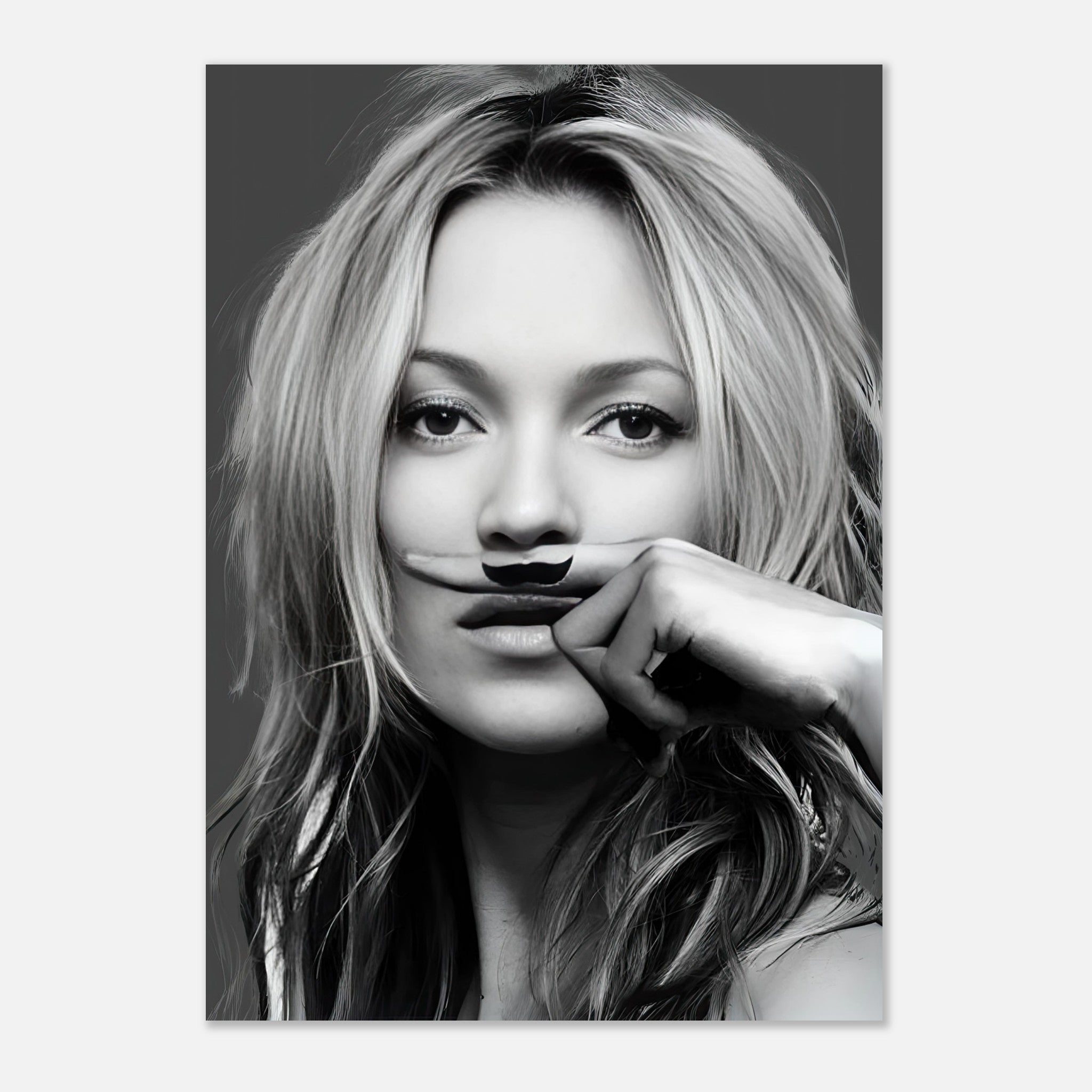 Kate Moss Mustache poster featuring a playful black and white portrait with a hand-drawn mustache.