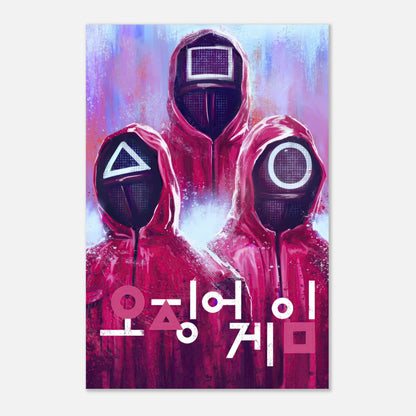 Squid Game metal poster featuring masked guards in red uniforms and Korean text, showcasing the show's intense aesthetic.