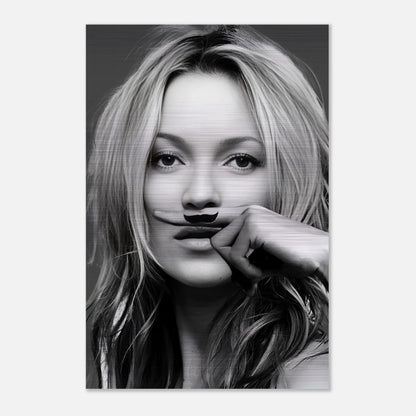 Kate Moss Mustache artwork in brushed metal, showcasing a bold and stylish design with a playful touch.