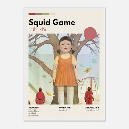 Vintage framed Red Green Light poster from Squid Game featuring iconic doll design and minimalist aesthetic.