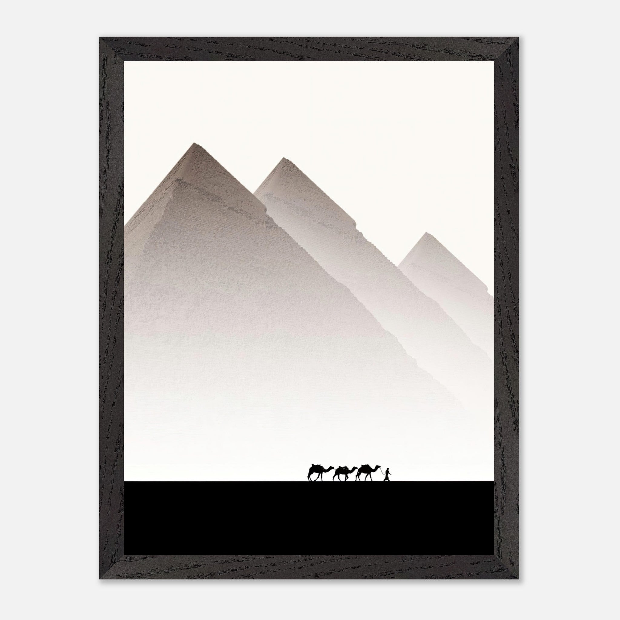 Pyramids of Giza framed art featuring camels and a guide against a minimalist background, capturing ancient Egyptian grandeur.