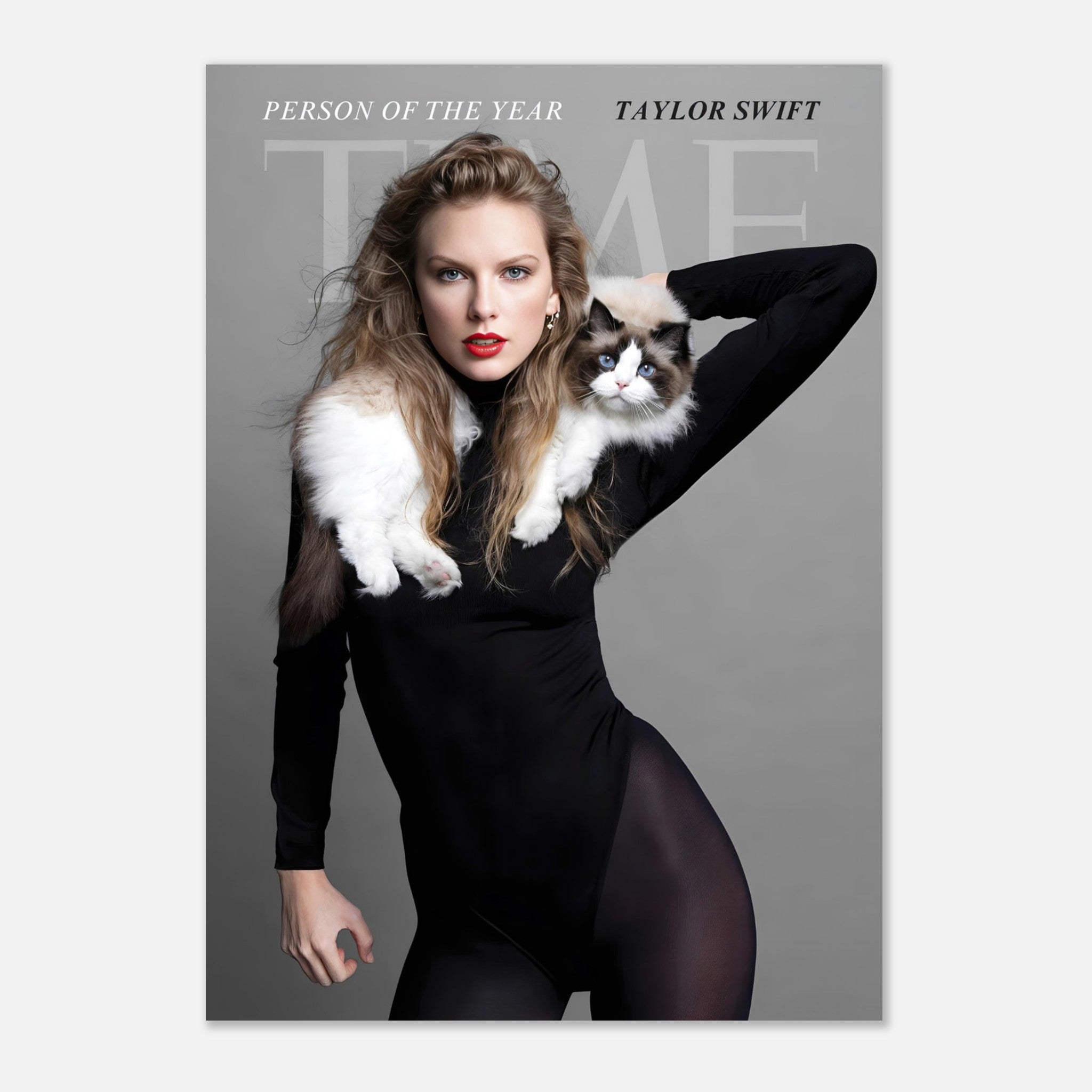 Taylor Swift Time Magazine Person of the Year poster featuring her in a black outfit with a cat, capturing elegance and charm.