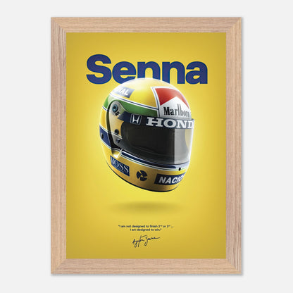 Vintage framed art of Ayrton Senna's iconic helmet against a bold yellow background, celebrating his racing legacy.