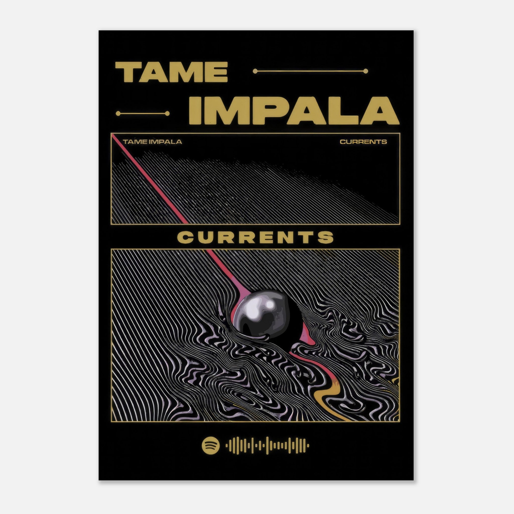 Tame Impala Currents poster featuring iconic artwork with hypnotic swirls and bold gold accents, perfect for music lovers.