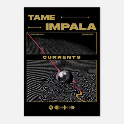 Tame Impala Currents poster featuring iconic artwork with hypnotic swirls and bold gold accents, perfect for music lovers.