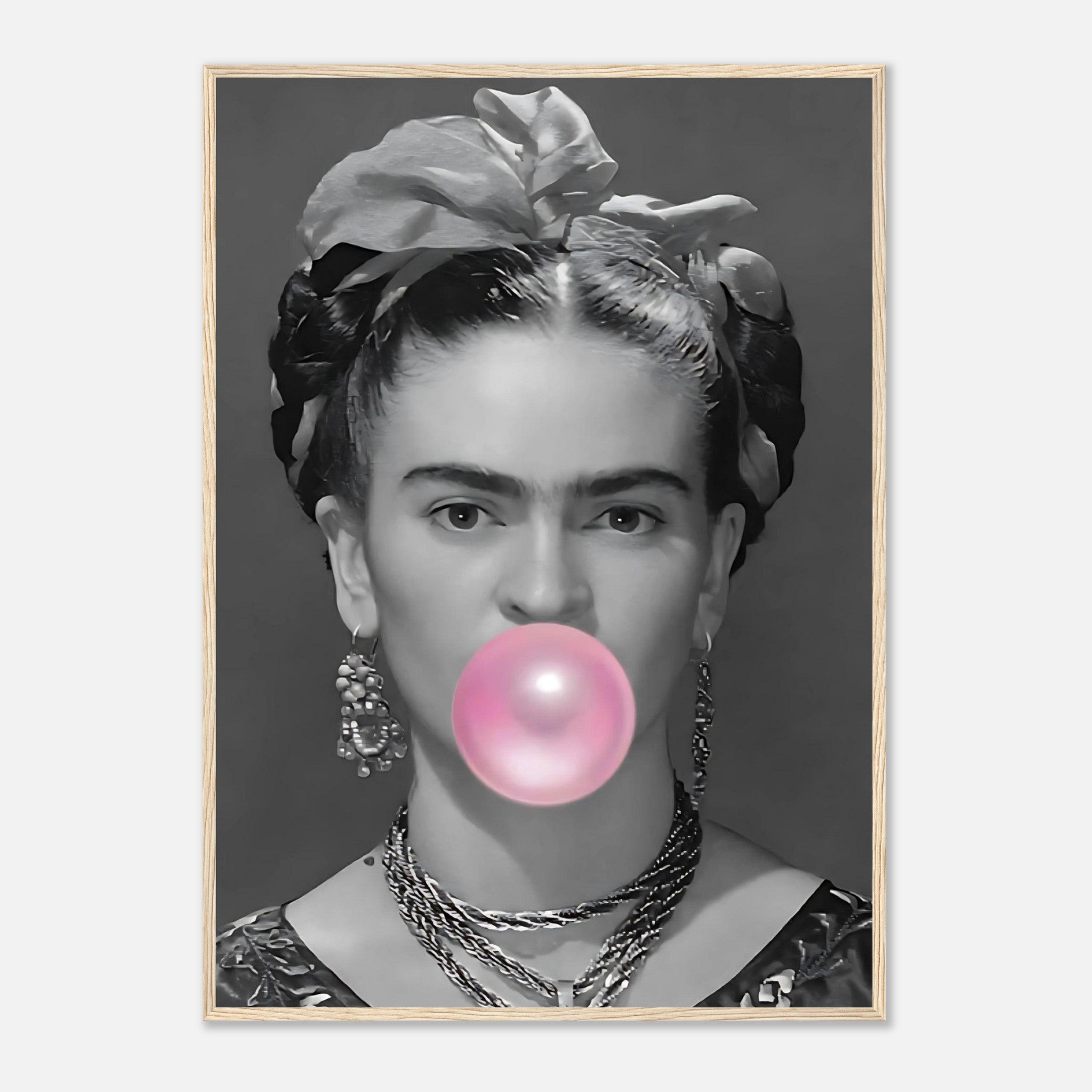 Frida Kahlo Bubble Gum framed print featuring a monochromatic portrait with pink bubble gum, adding playful charm to any decor.