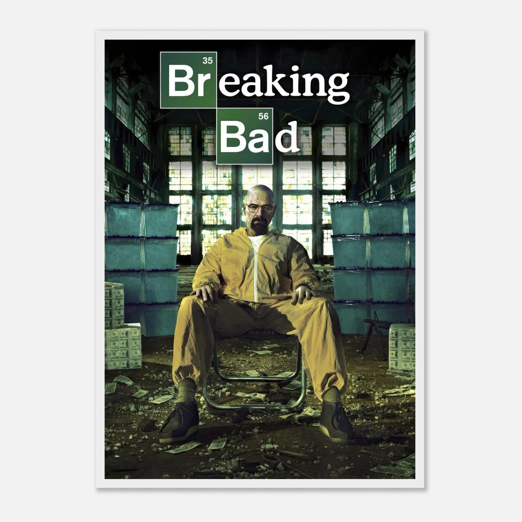 Walter White in hazmat suit framed poster from Breaking Bad, showcasing intensity and transformation in a striking design.