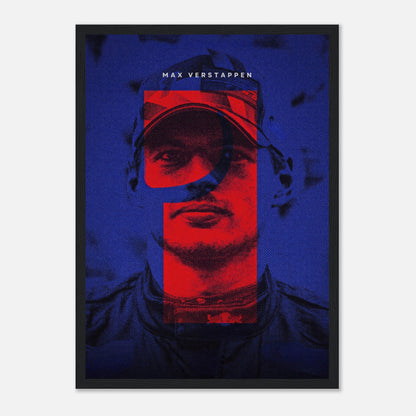 Max Verstappen framed print featuring bold colors and dynamic design celebrating his championship spirit.