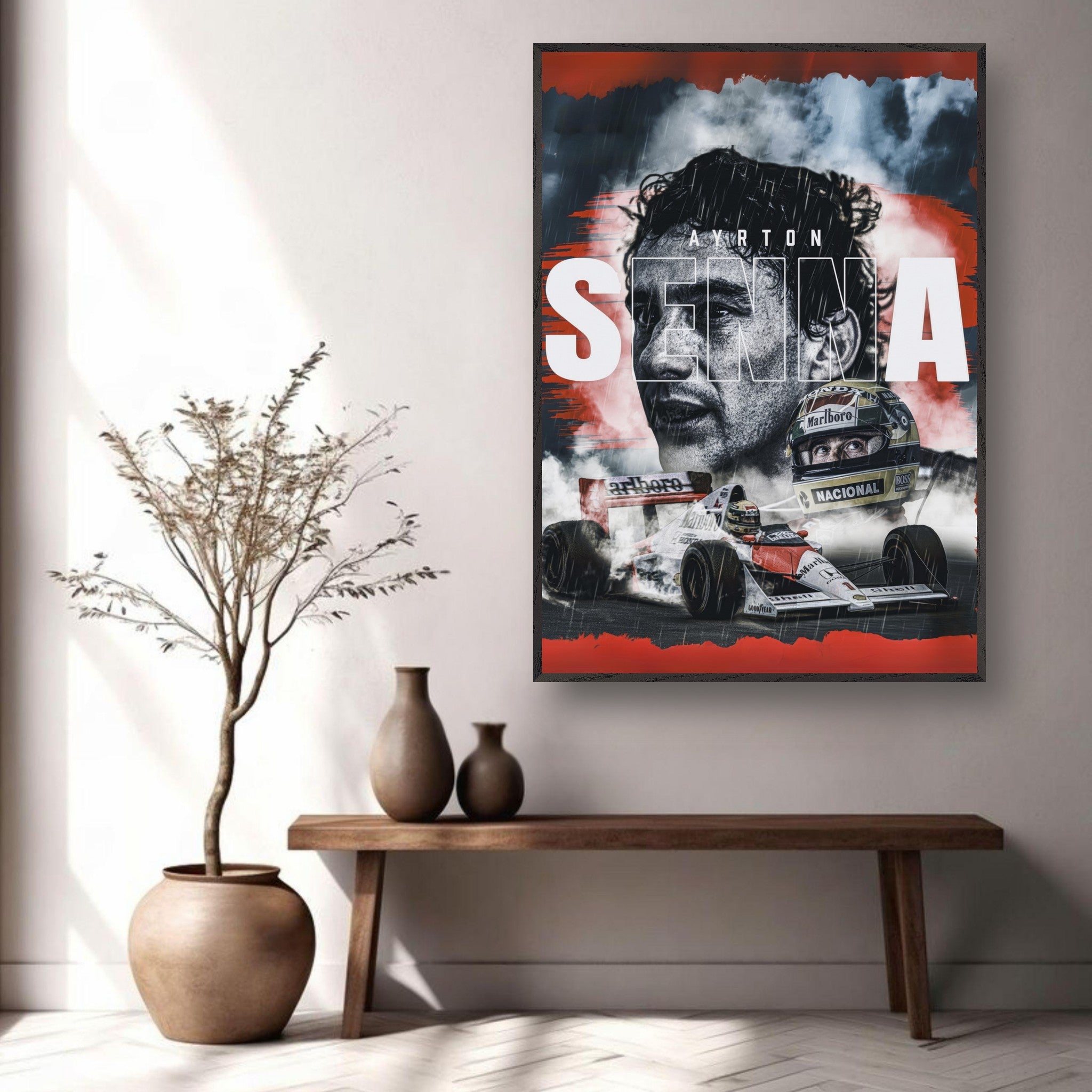 Ayrton Senna framed fine art print displayed on wall above a wooden table with decor, showcasing vibrant colors and details.