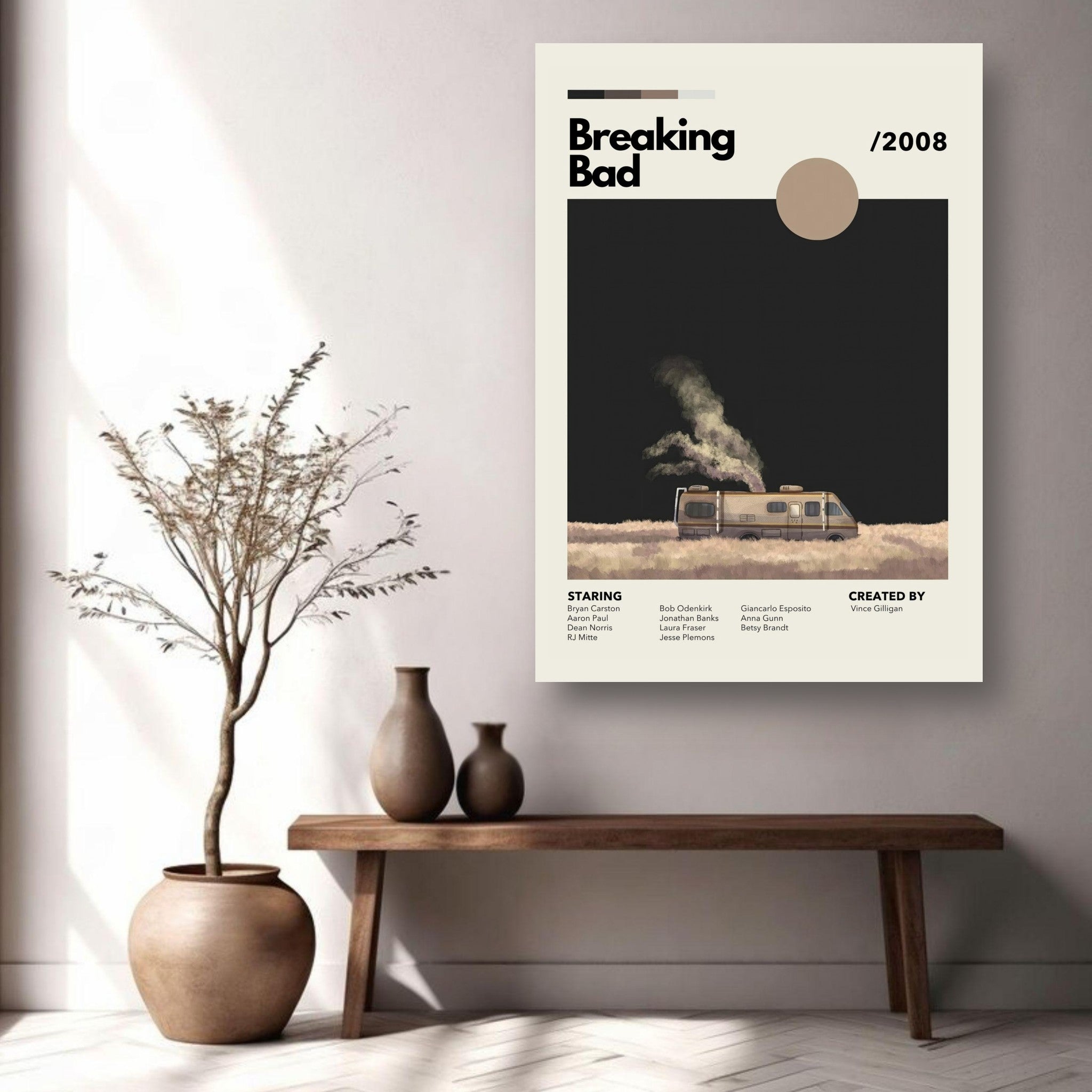 Vintage Breaking Bad metal print featuring an RV in a desert scene, celebrating the iconic TV series with a modern design.