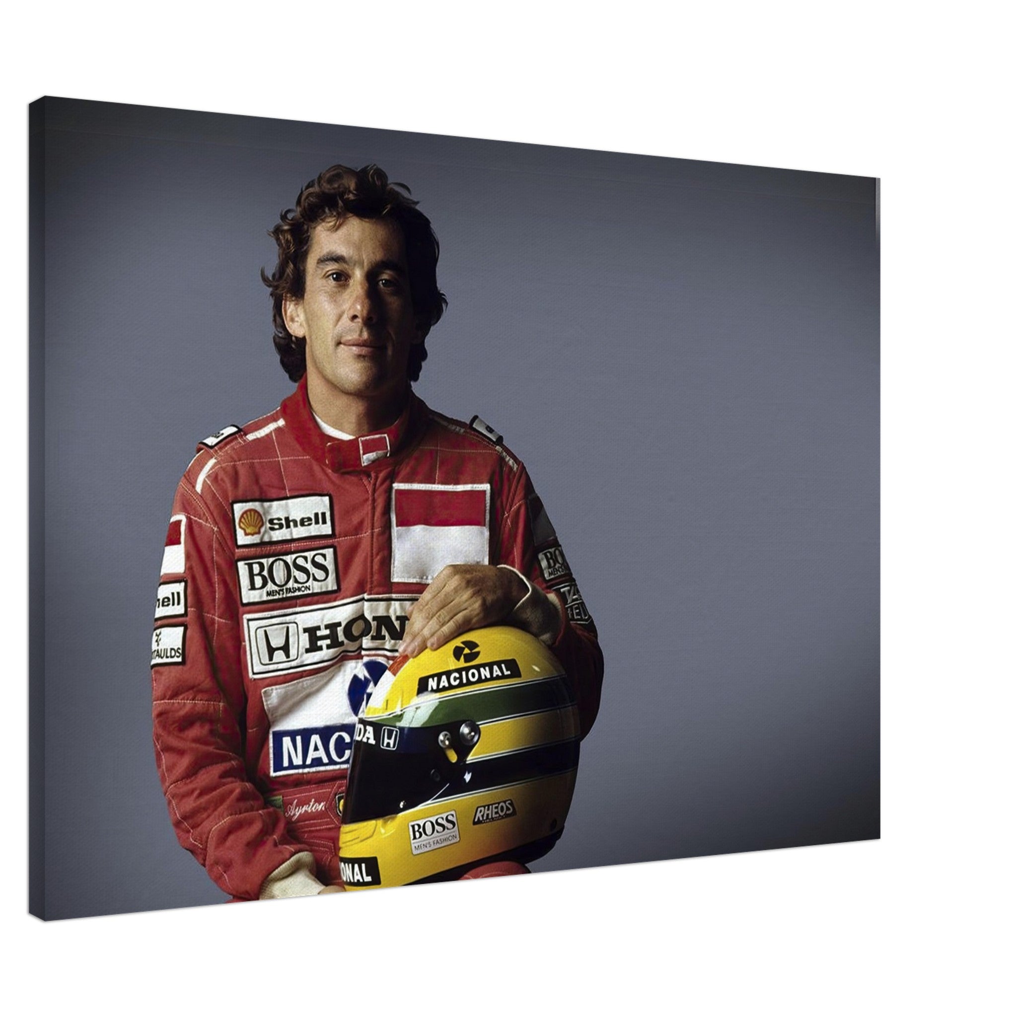 Ayrton Senna vibrant canvas print featuring classic racing attire and helmet, perfect for motorsport fans.