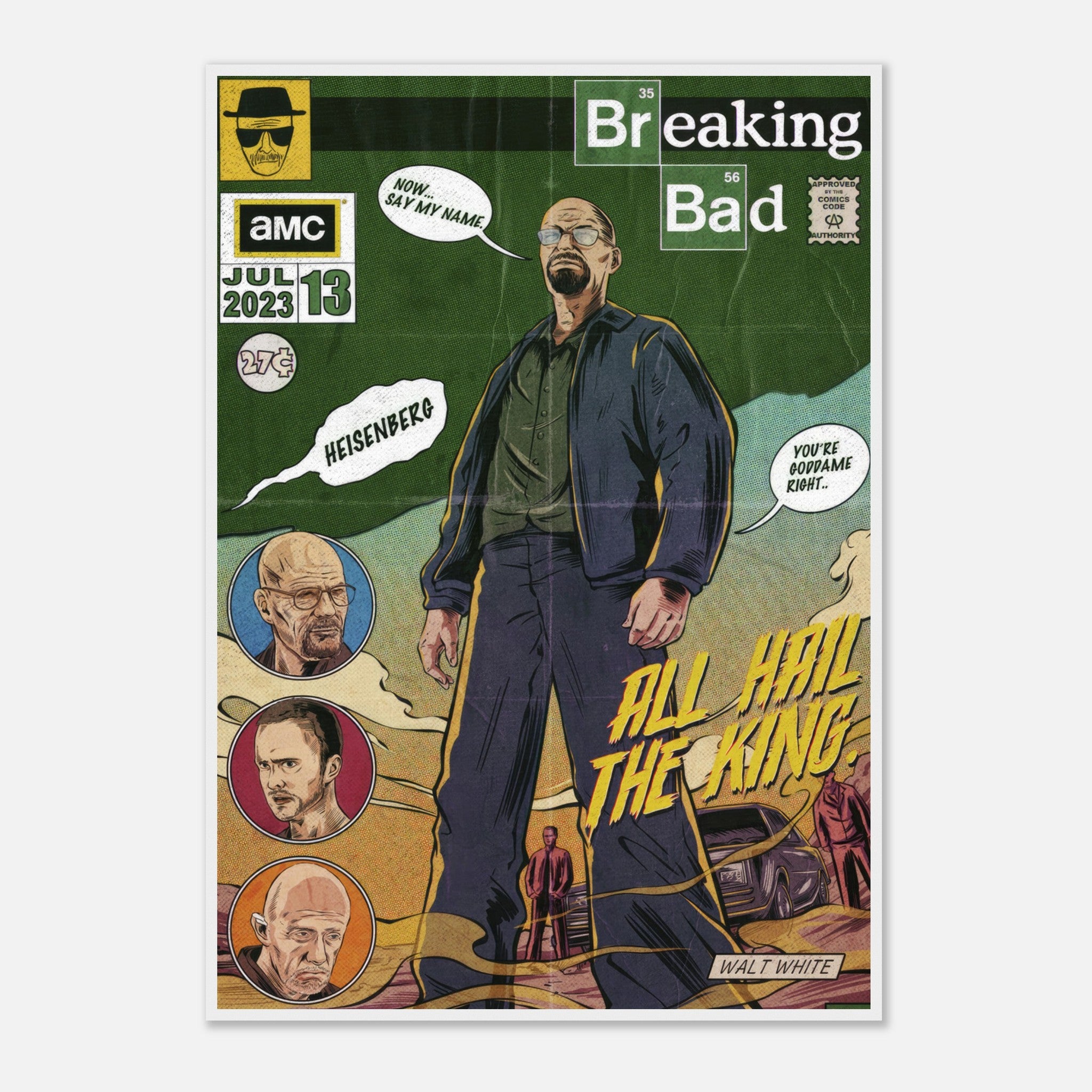 Heisenberg framed print showcasing Walter White in comic style with 'All Hail the King' text, ideal for Breaking Bad fans.