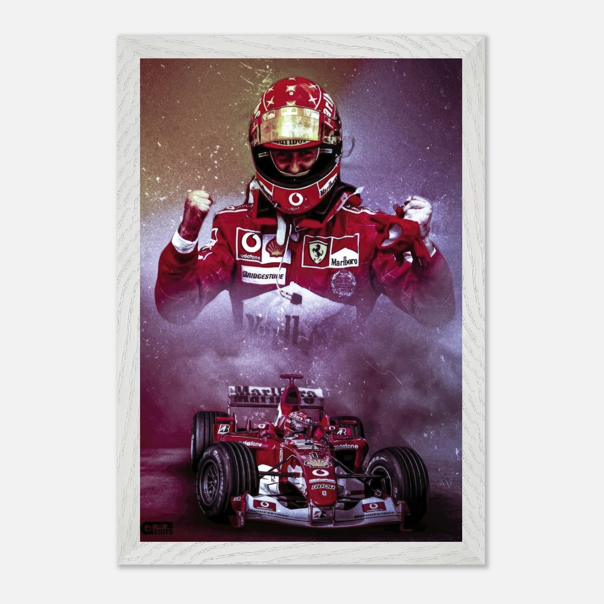 Michael Schumacher fine art print featuring him in Ferrari suit with race car, capturing speed and victory.