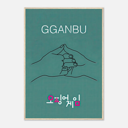 GGANBU Squid Game framed print featuring minimalist design of handshake on teal background.