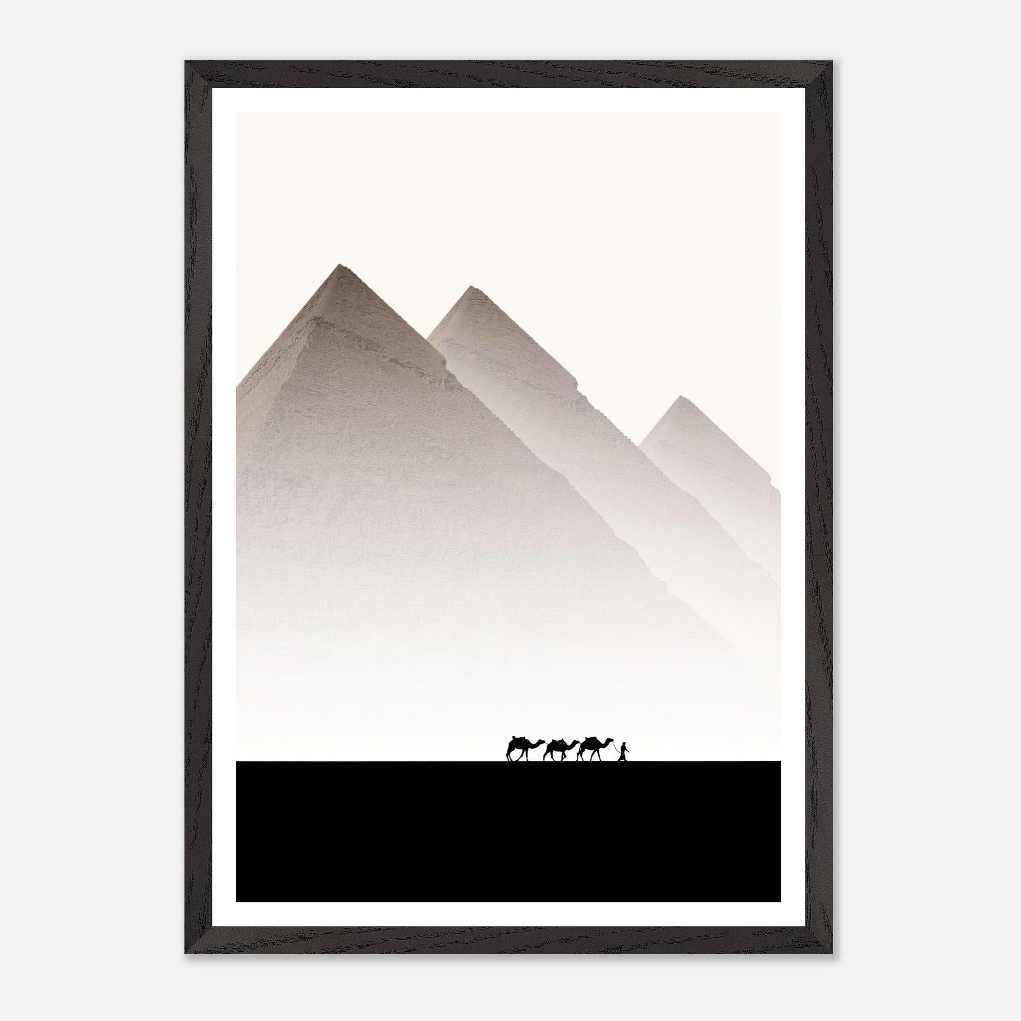 Framed Giclée art of the Pyramids of Giza with silhouettes of camels against a minimalist background.