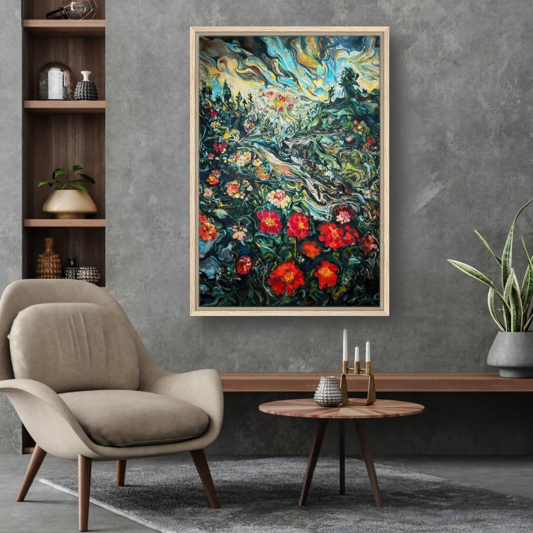 Abstract floral landscape painting framed canvas print, vibrant colors and textures, perfect for home decor.