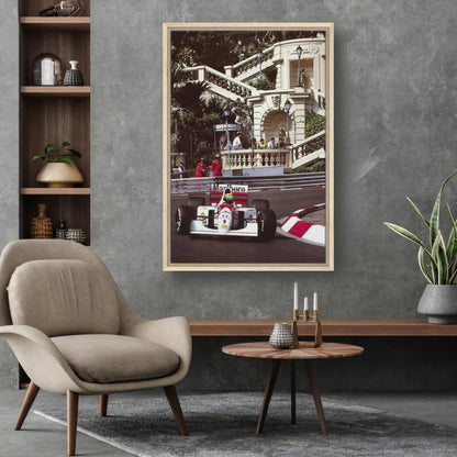 Ayrton Senna Monaco framed canvas print showcasing a historic racing moment in a stylish living room setting.