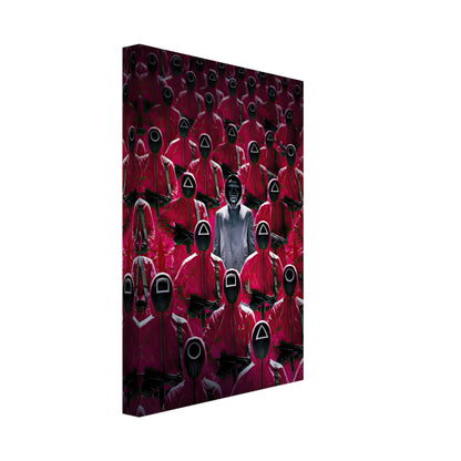 Squid Game Guards canvas print featuring iconic red uniforms and masks, creating a striking visual impact for fans.