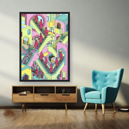 Framed print of Squid Game Stairs artwork, featuring vibrant colors and surreal design in a modern living room setting.