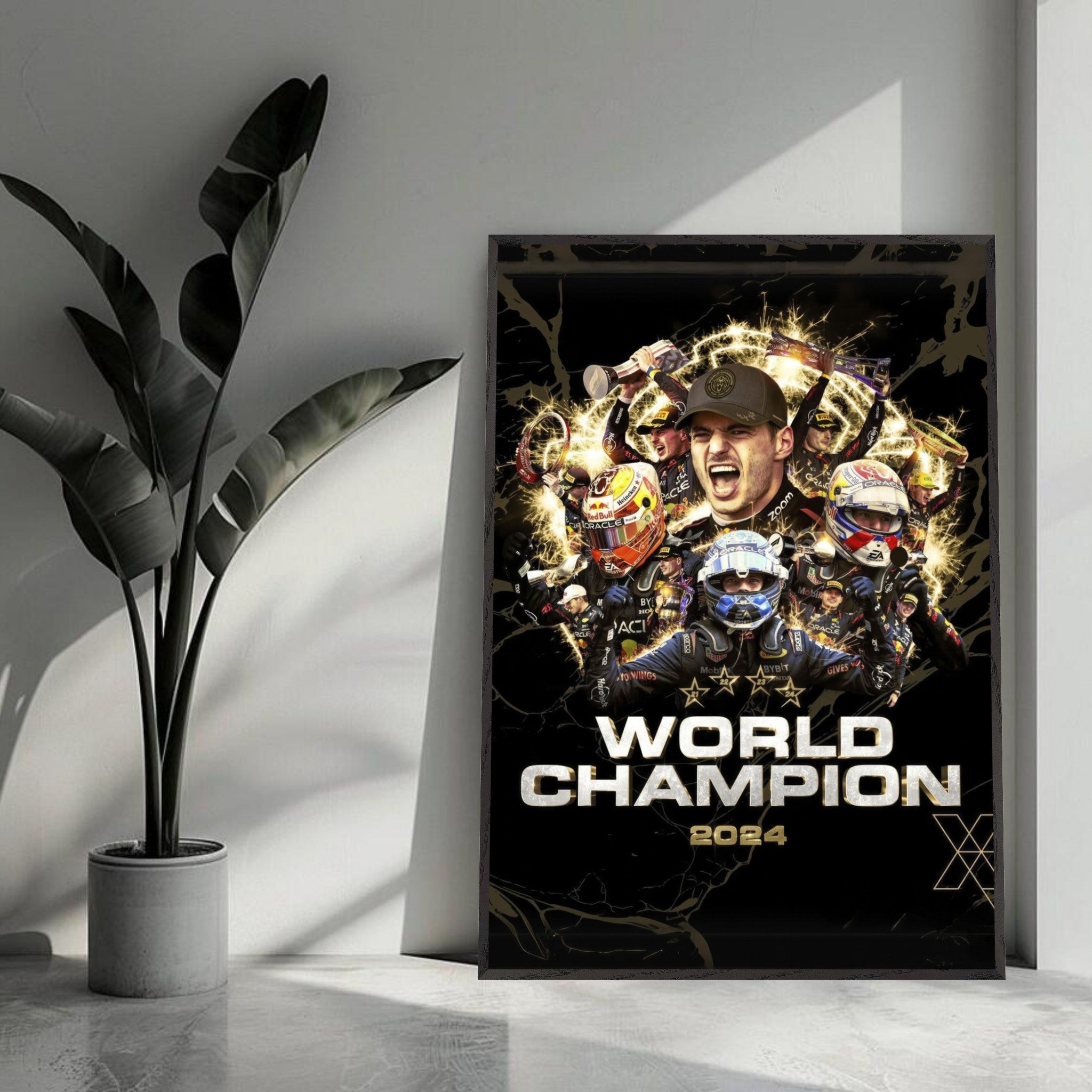 Max Verstappen 2024 World Champion fine art print displayed in a modern room with a plant.