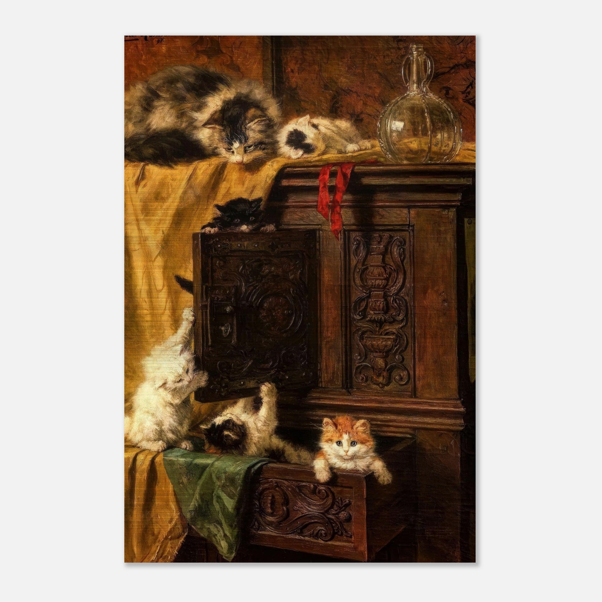 Vintage cat painting featuring playful kittens exploring a wooden cabinet, warm tones and intricate details.