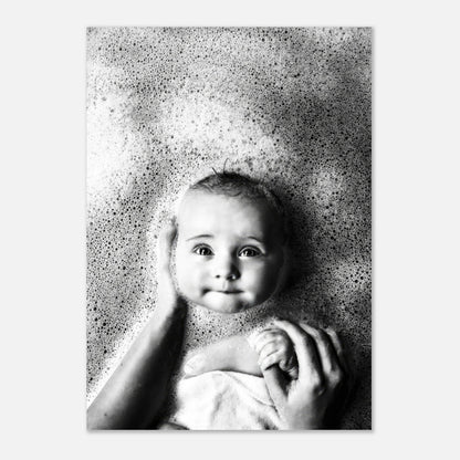Black and white baby bath photography poster featuring a smiling baby surrounded by bubbles.