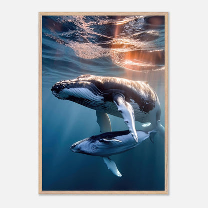Underwater photography print of a humpback whale and calf in a vintage frame, showcasing ocean beauty.