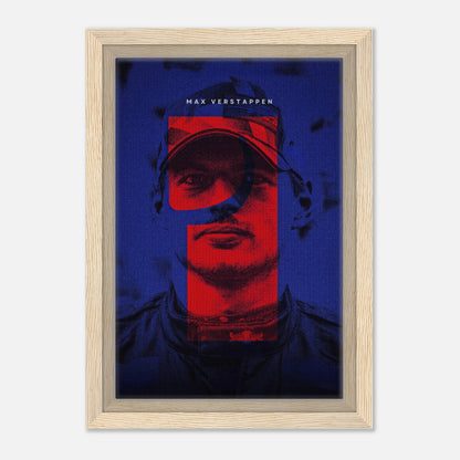 Framed canvas print of Max Verstappen, showcasing vibrant colors and dynamic F1 design in a sleek wooden frame.