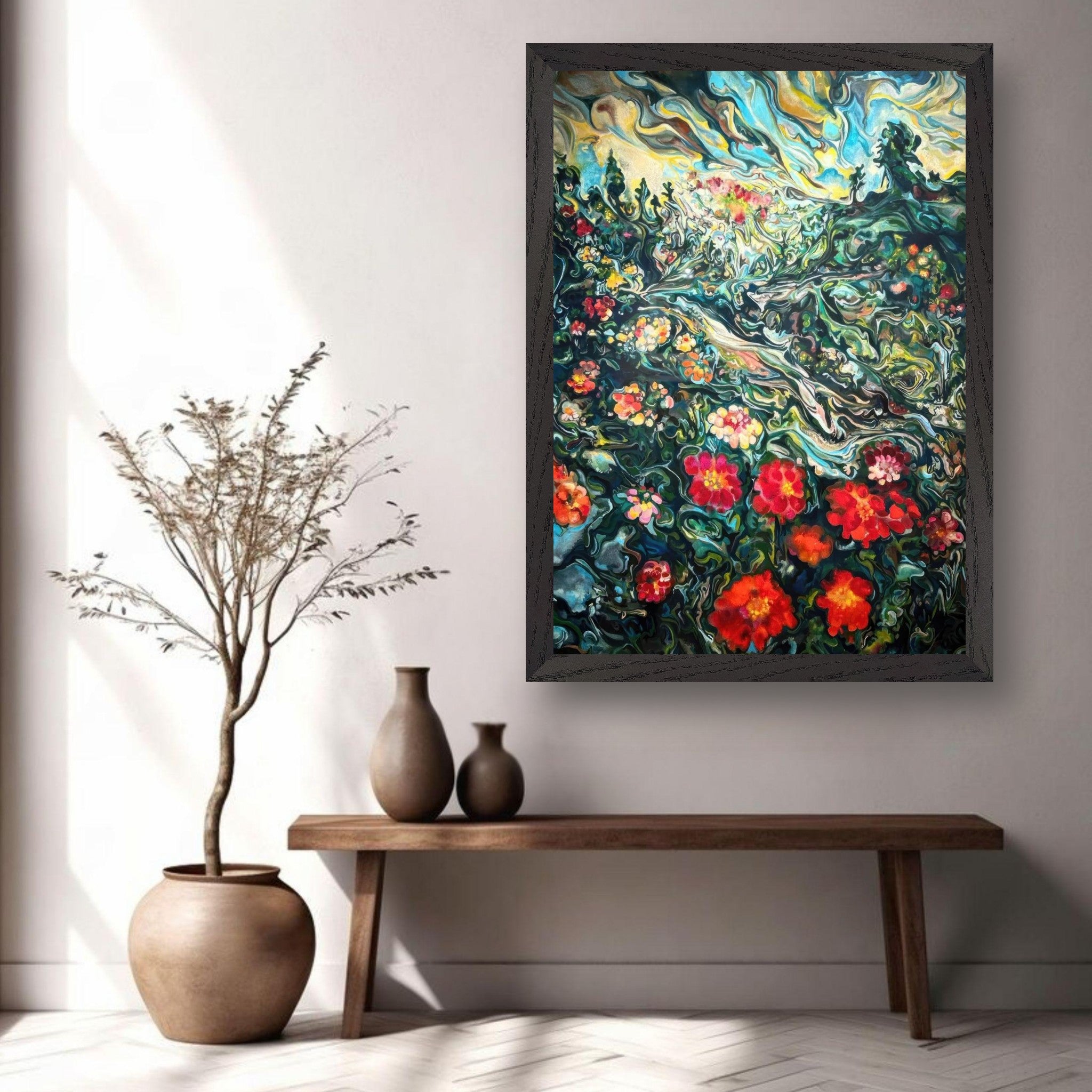 Abstract floral landscape painting in vintage frame displayed in a stylish modern living room with decor.