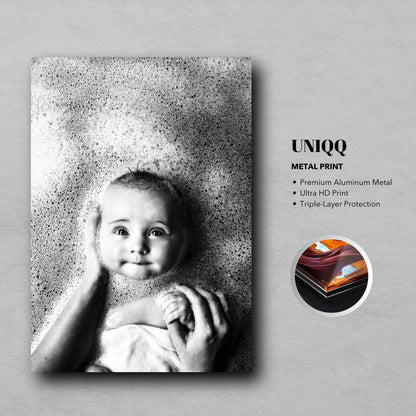Baby bath photography on metal print showcasing a joyful baby in bubbles, perfect for nurseries or bathrooms.