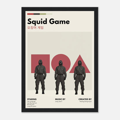 Squid Game vintage framed print featuring iconic characters and bold retro design elements.