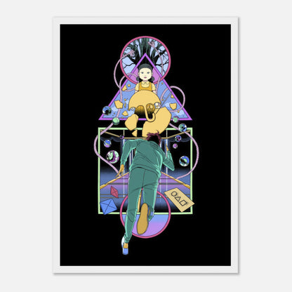 "Framed print of Doll from Squid Game, featuring a player and colorful geometric designs in a captivating scene."