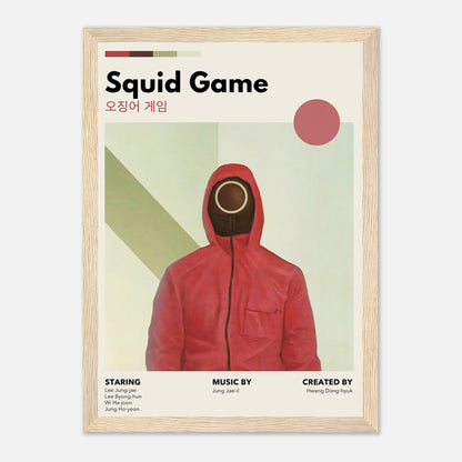 Vintage Squid Game framed print featuring iconic red-hooded figure and retro design, perfect for fans and collectors.