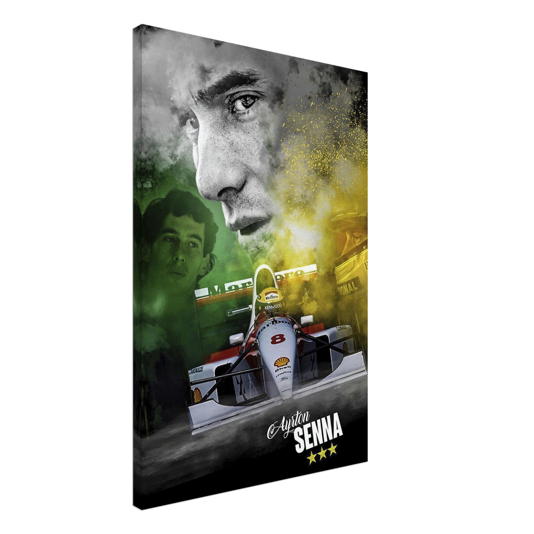 Ayrton Senna F1 McLaren canvas print featuring Senna's iconic face and racing car in vibrant colors.