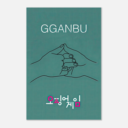 GGANBU Squid Game metal print featuring a minimalist handshake design on a teal background.