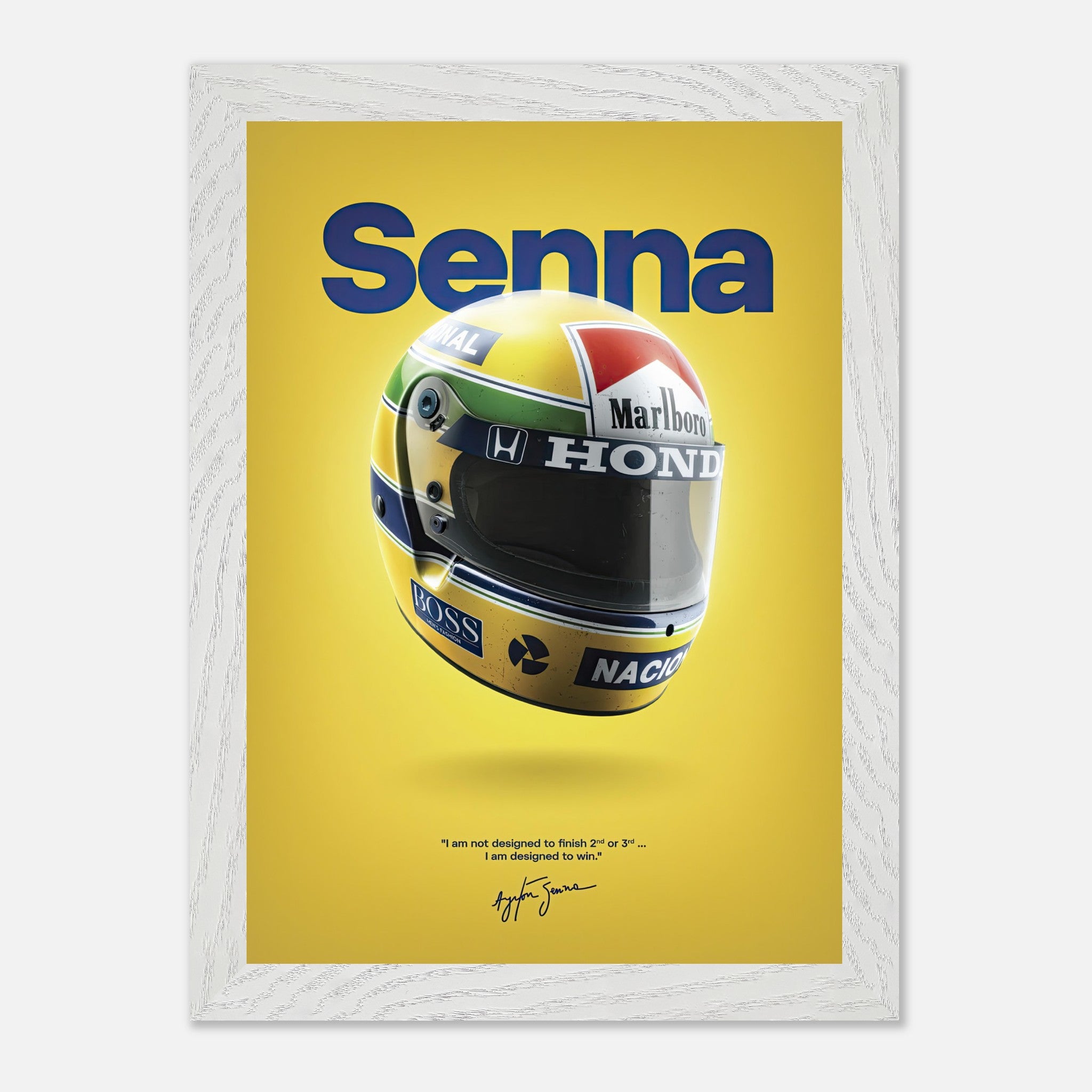 Vintage framed art of Ayrton Senna's iconic helmet against a vibrant yellow background.