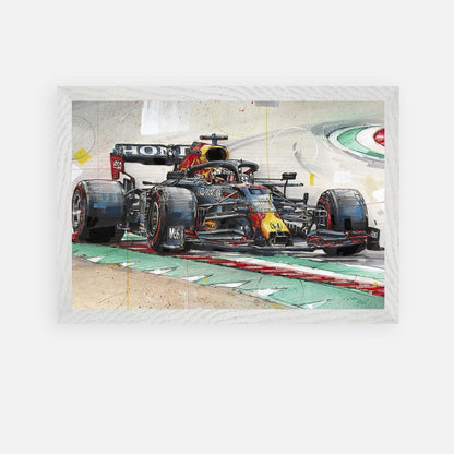 Framed fine art print of Max Verstappen's Red Bull racing car on the track, showcasing vibrant colors and dynamic movement.